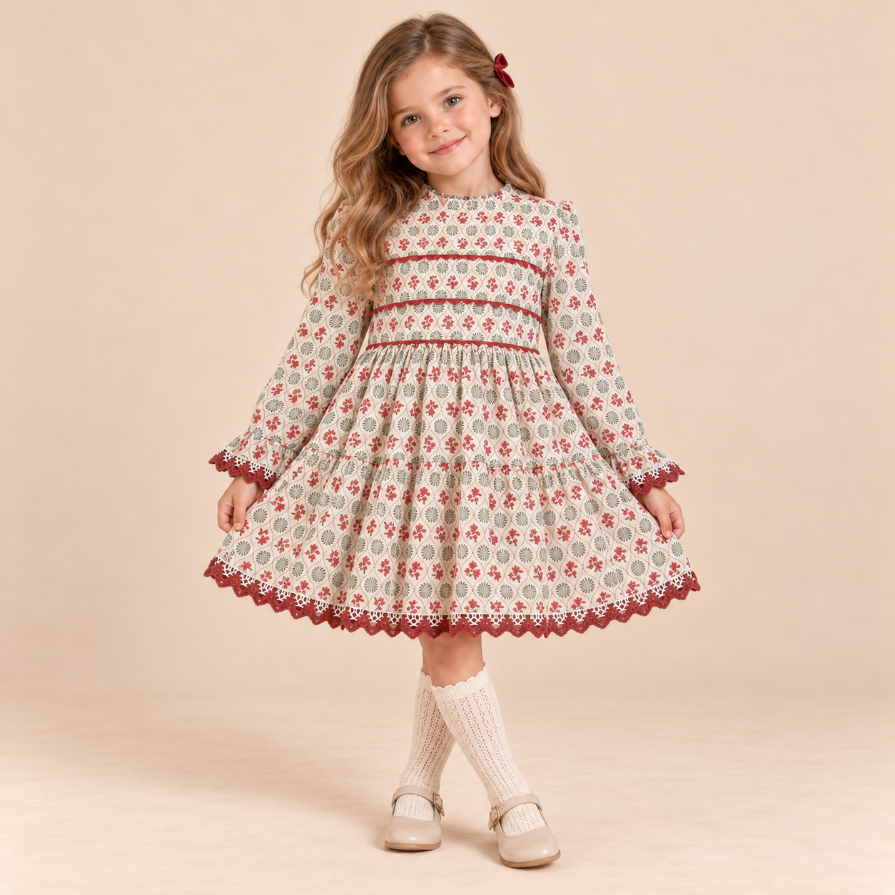 VESTIDO VERDE CON ROSA NIÑA