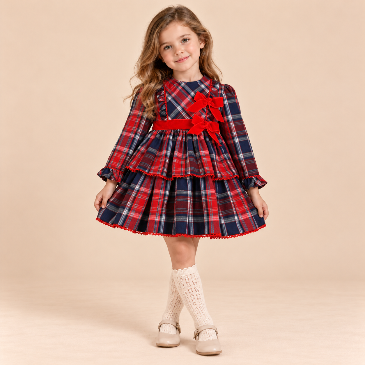 VESTIDO CUADROS AZUL CON ROJO NIÑA