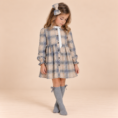 VESTIDO DE CUADROS BEIGE Y AZUL GRISACEO PARA NIÑA