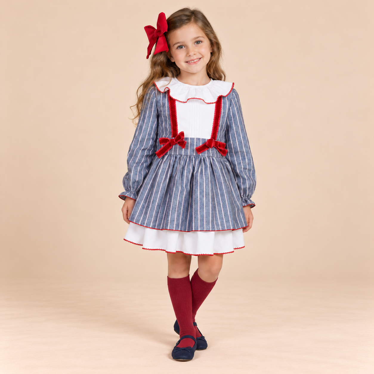 VESTIDO FORMAL PARA NIÑA AZUL DE RAYAS CON ROJO
