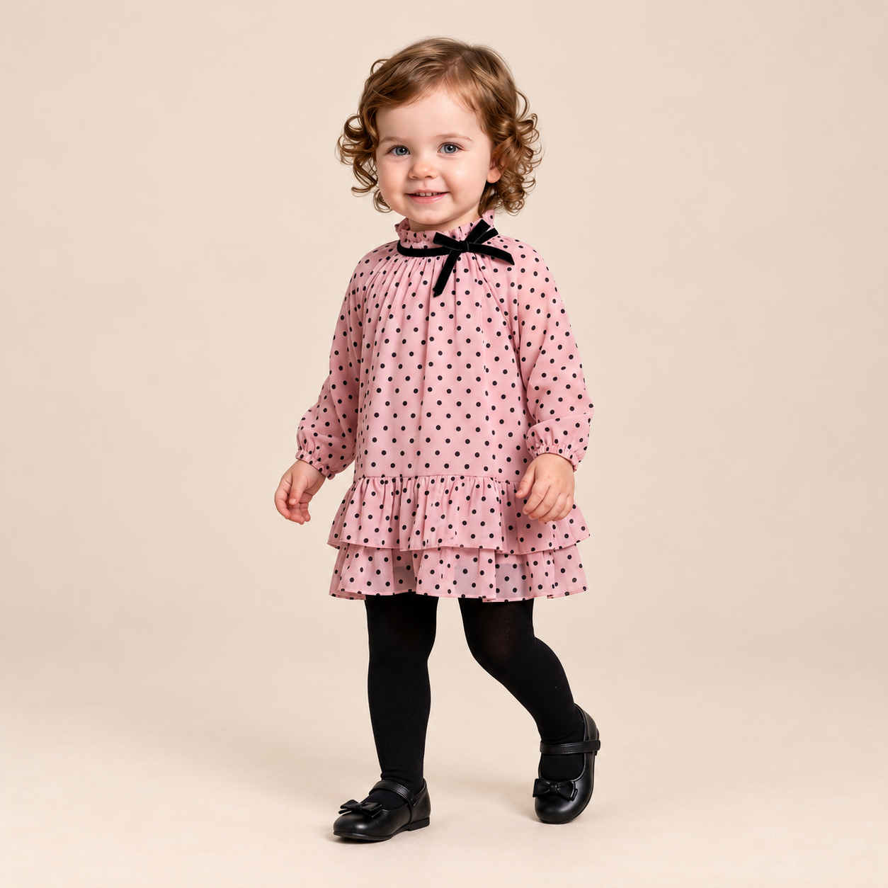 VESTIDO BEBE ROSA LUNARES NEGROS
