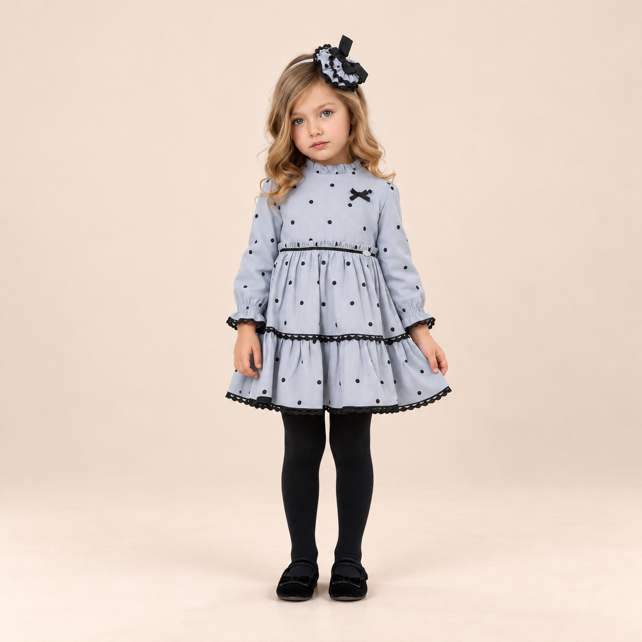 VESTIDO INFANTIL GRIS TOPOS NEGROS