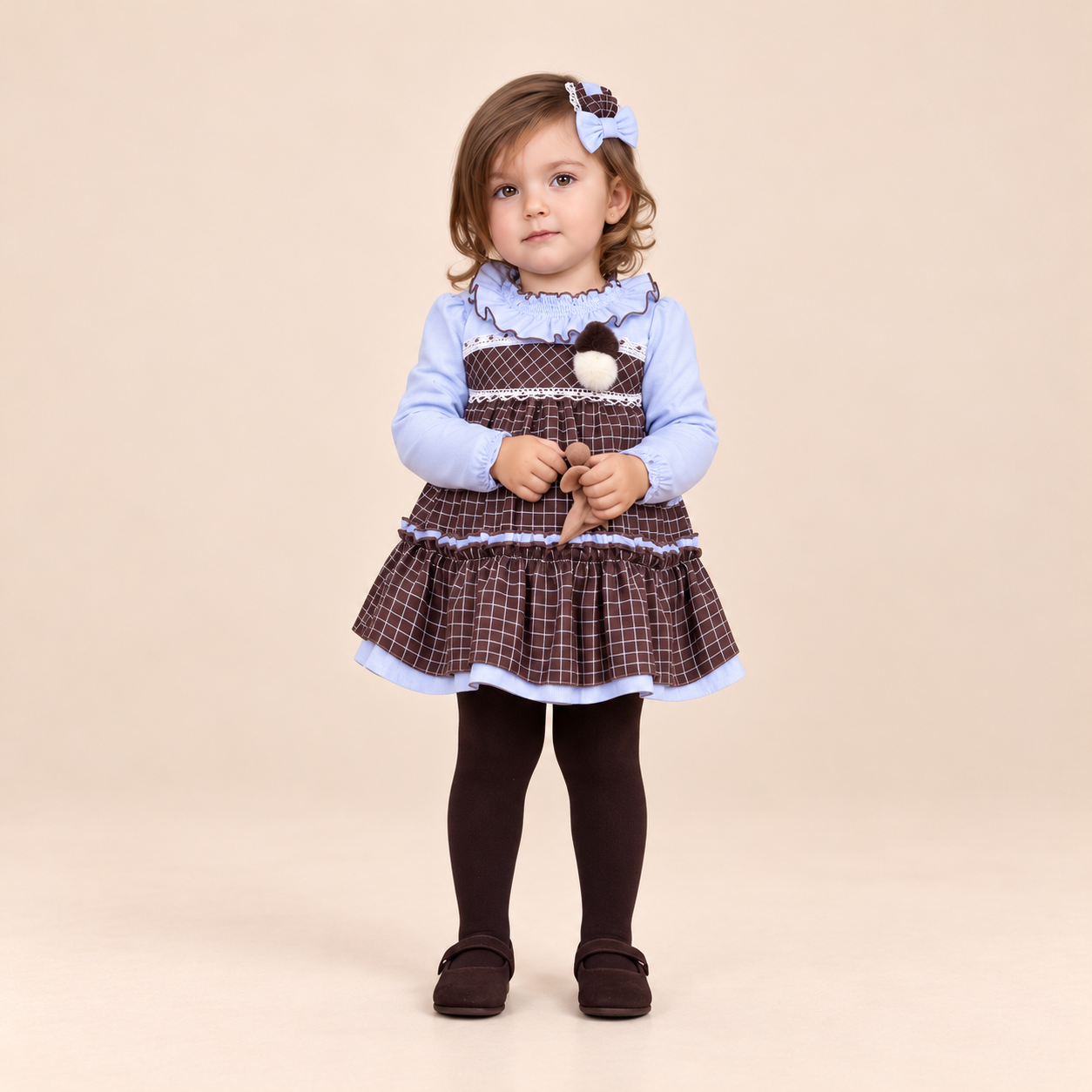 VESTIDO BRAGUITA BEBE CAFE Y CELESTE