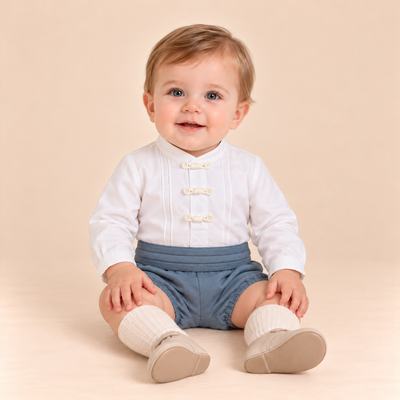 CONJUNTO BEBE NINO AZUL FRANCIA Y HUESO