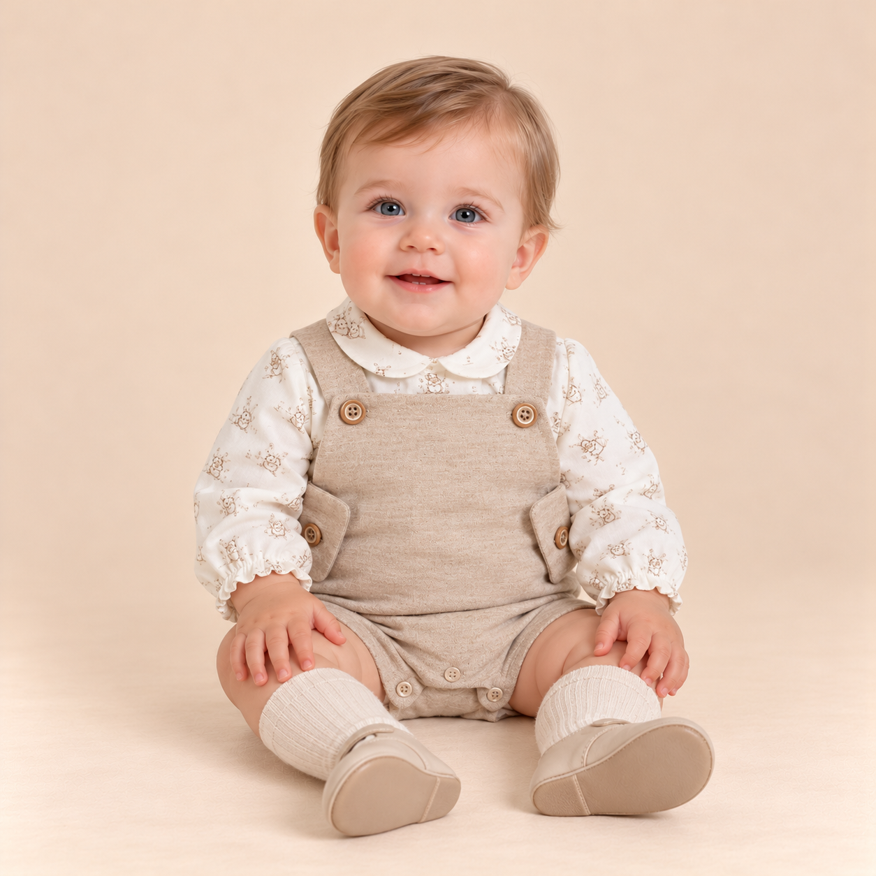 PETO CAMEL Y CAMISA ESTAMPADA BEBE NINO