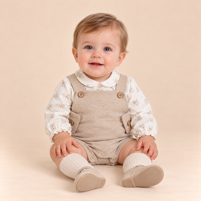 PETO CAMEL Y CAMISA ESTAMPADA BEBE NINO