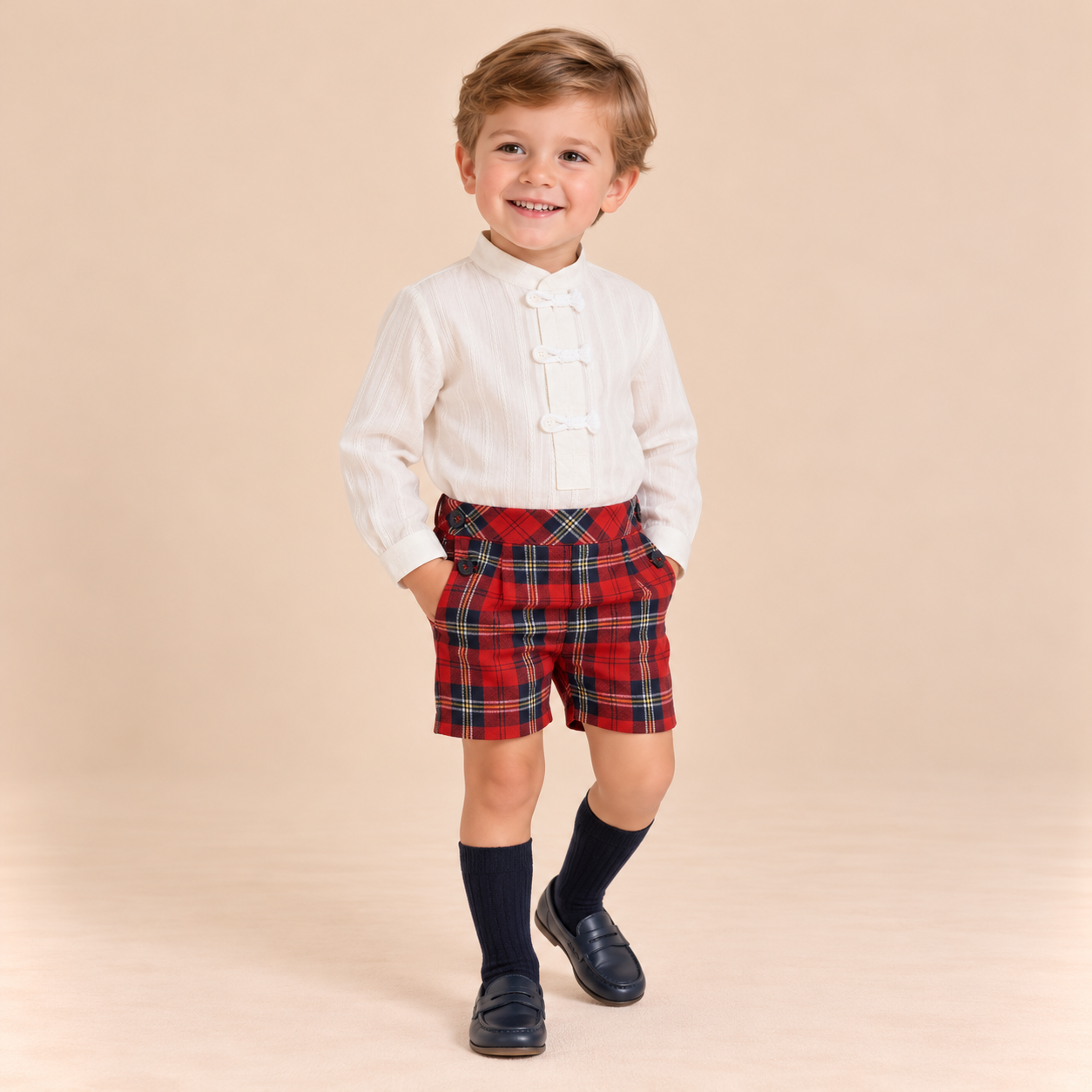 CONJUNTO BEBE NINO CUADROS ROJO Y MARINO
