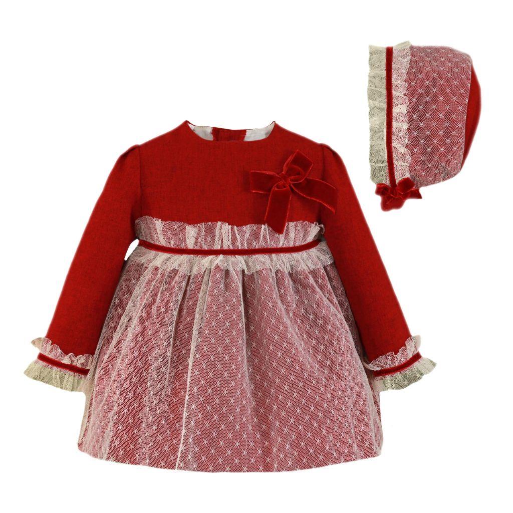 VESTIDO BEBE NINA MANGA LARGA ROJO CON TUL - Menta Moda Infantil