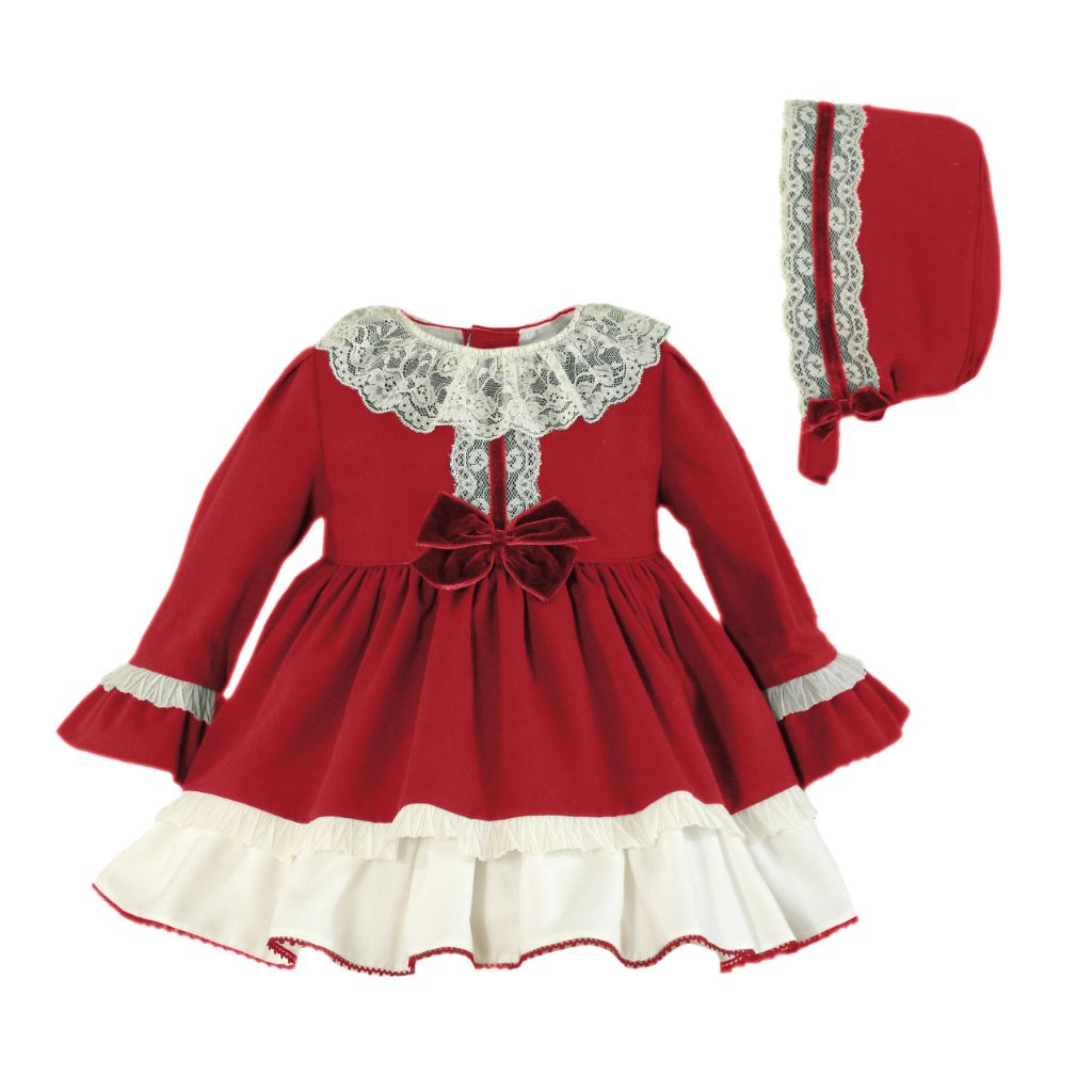 VESTIDO BEBE NINA MANGA LARGA ROJO CON CAPOTA - Menta Moda Infantil