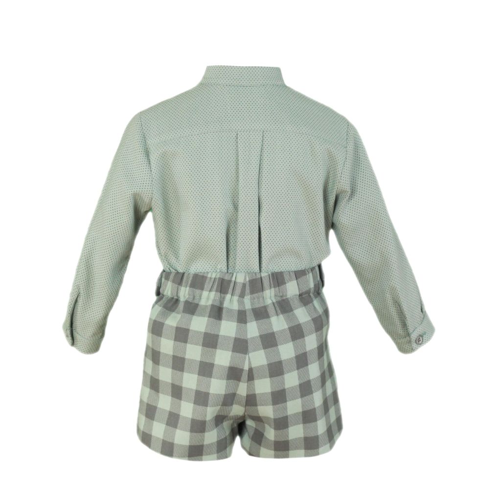 CONJUNTO  NINO CAMISA  MANGA LARGA Y PANTALON CORTO CUADROS  VERDE EMPOLVADO - Menta Moda Infantil