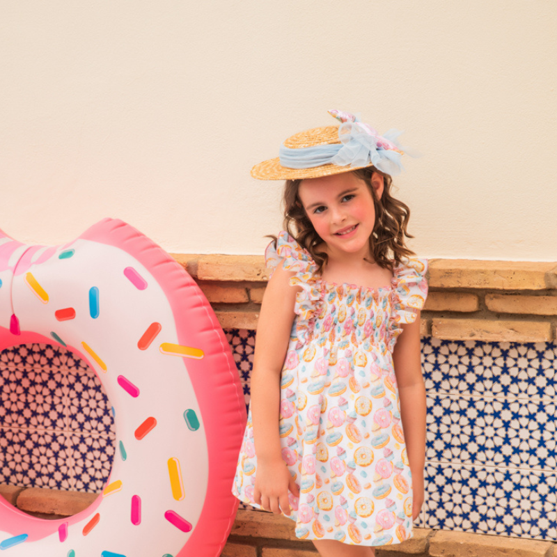 VESTIDO ESTAMPADO DONUTS VOLANTES HOMBROS - Menta Moda Infantil
