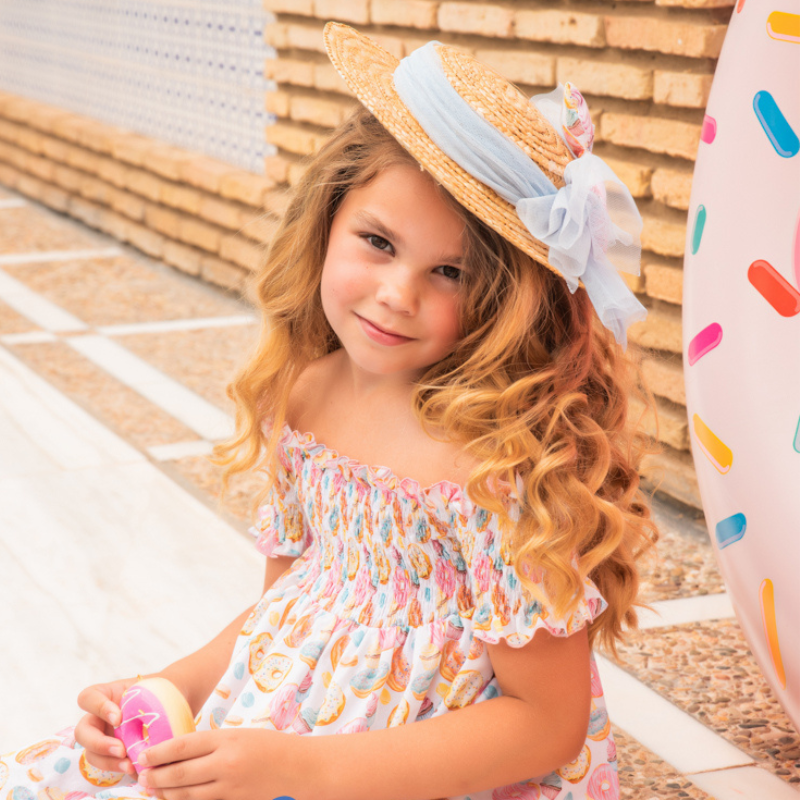 VESTIDO ESTAMPADO DONUTS HOMBROS DESCUBIERTOS - Menta Moda Infantil