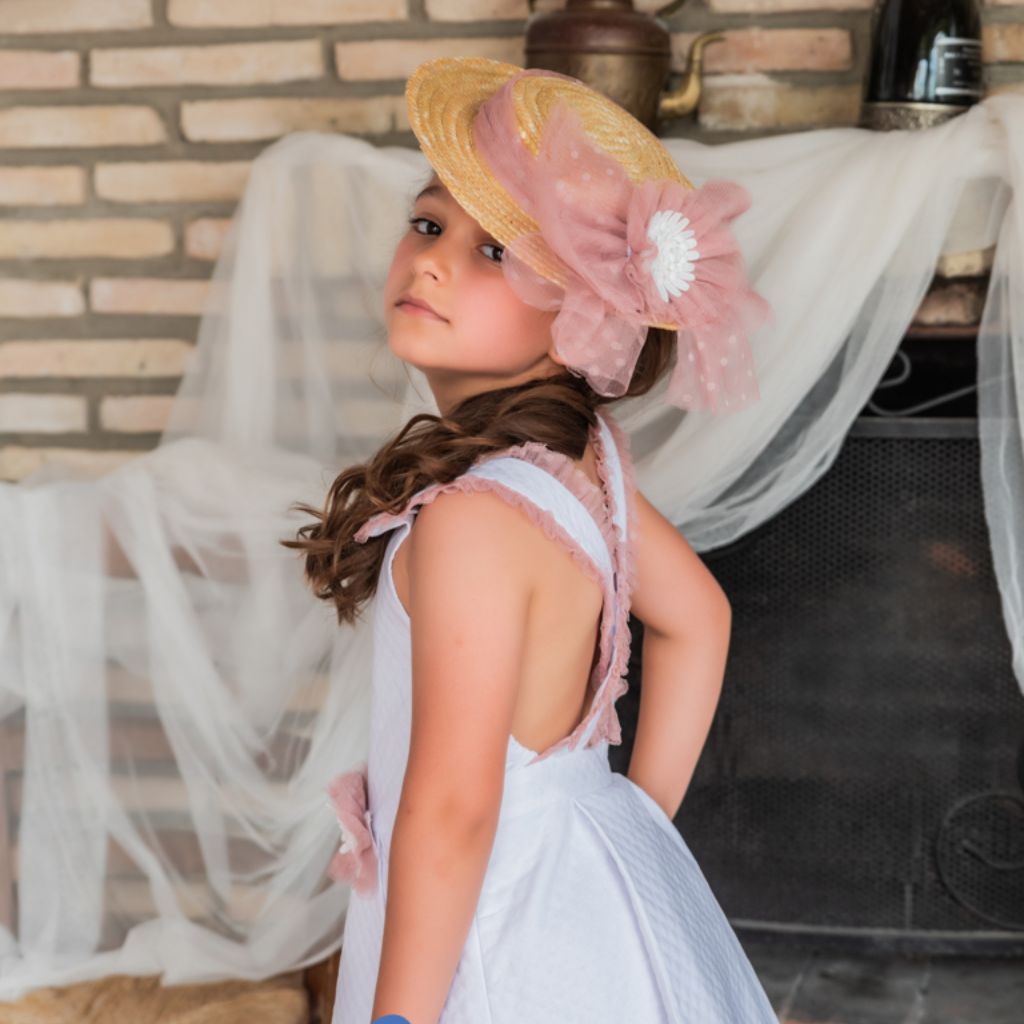 VESTIDO PIQUE BLANCO APLICACIONES ROSA