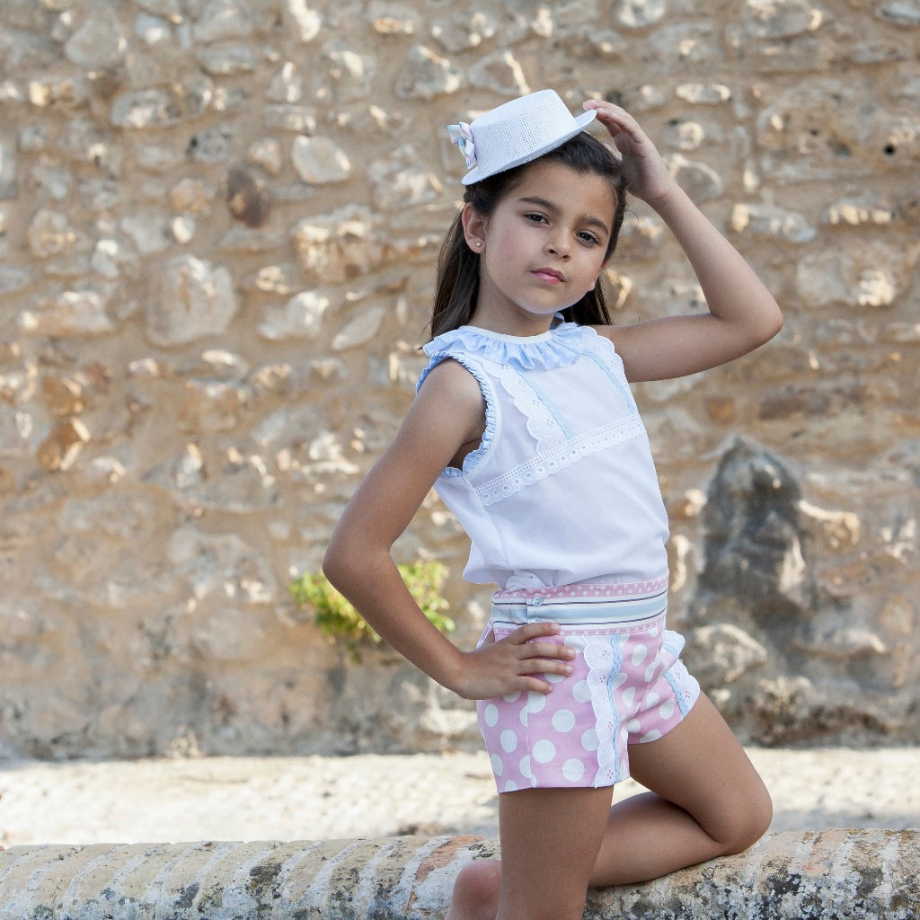 CONJUNTO BLUSA Y SHORT NINA LUNARES ROSA Y AZUL - Menta Moda Infantil