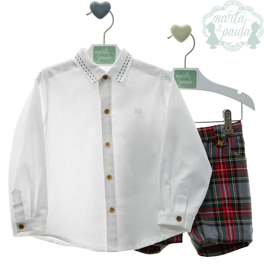 CONJUNTO NINO CAMISA MANGA LARGA Y BERMUDA CUADROS ESCOCESES GRIS FAMILIA ILUSION - Menta Moda Infantil