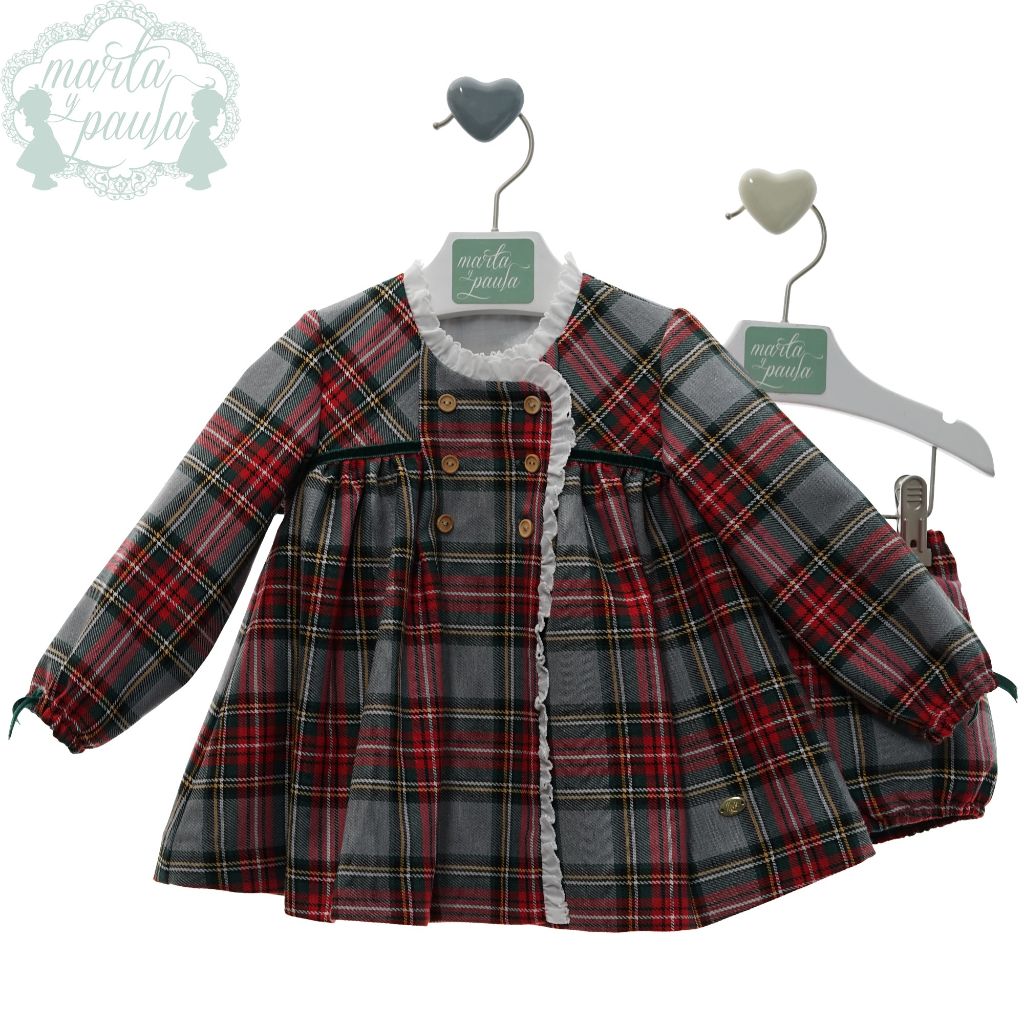VESTIDO BEBE NINA MANGA LARGA CUADROS ESCOCES GRIS CON POLO FAMILIA ILUSION