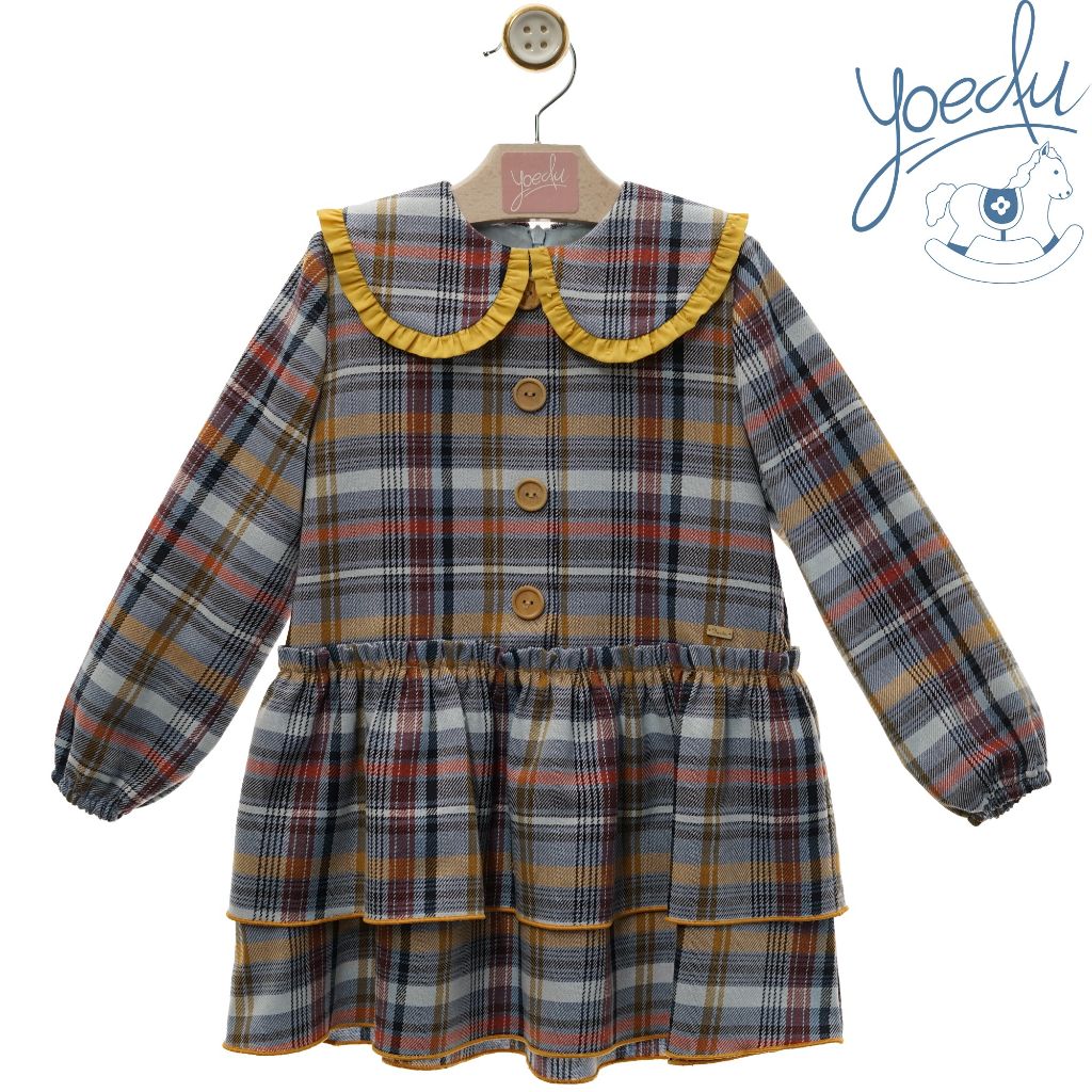 VESTIDO NINA MANGA LARGA CUADROS AZUL OXFORD FAMILIA ENERO - Menta Moda Infantil