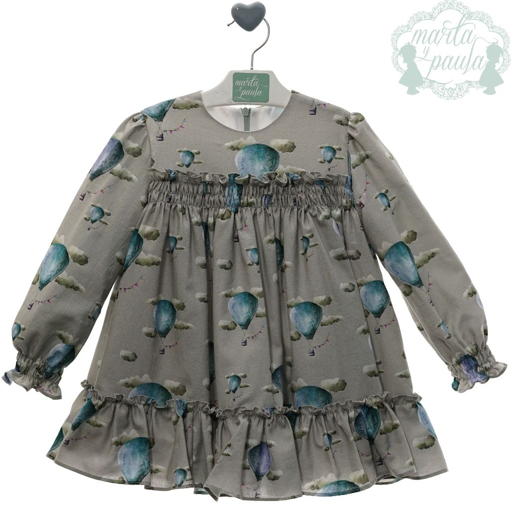 VESTIDO NINA MANGA LARGA VERDE EMPORLVADO GLOBOS AEROSTATICOS FAMILIA ESPERANZA