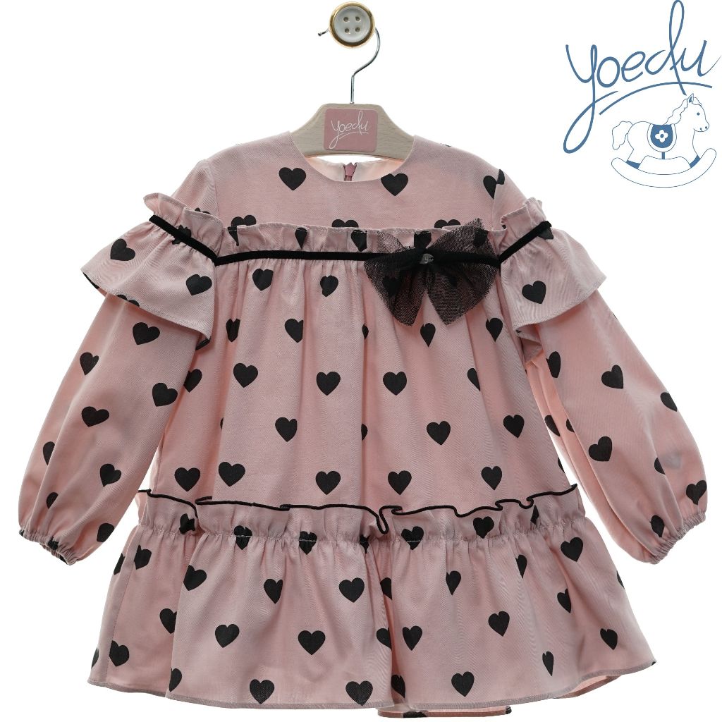 VESTIDO NINA MANGA LARGA ROSA CORAZONES FAMILIA ESTELA - Menta Moda Infantil
