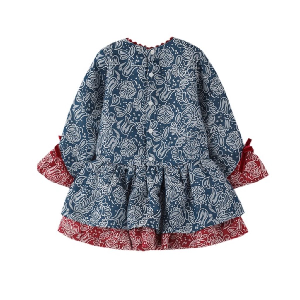 VESTIDO NIÑA BORDADO FLORES MARINO Y VINO - Menta Moda Infantil