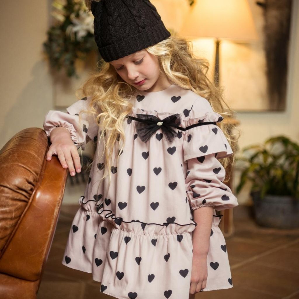VESTIDO NINA MANGA LARGA ROSA CORAZONES FAMILIA ESTELA - Menta Moda Infantil