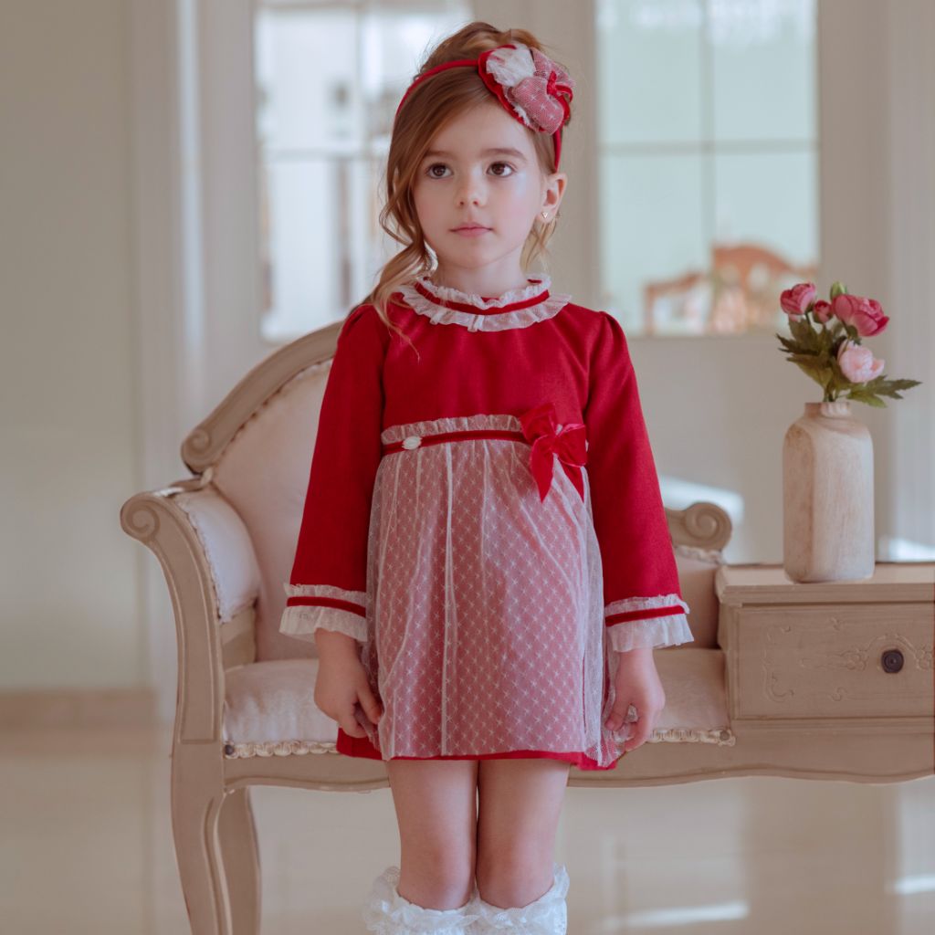 VESTIDO NIÑA MANGA LARGA ROJO CON TUL - Menta Moda Infantil